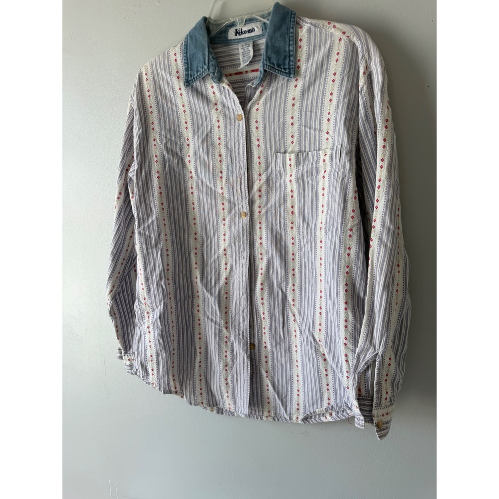 Kiko-mo Vintage 100% Cotton Button Down Shirt Striped Floral Denim Collar Small - Picture 7 of 7